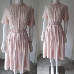 Vintage 1950s Candy Pink Ruffle Shirtwaister Dress
